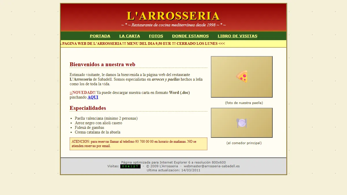 Antes: web anticuada de un restaurante, sin diseño responsive